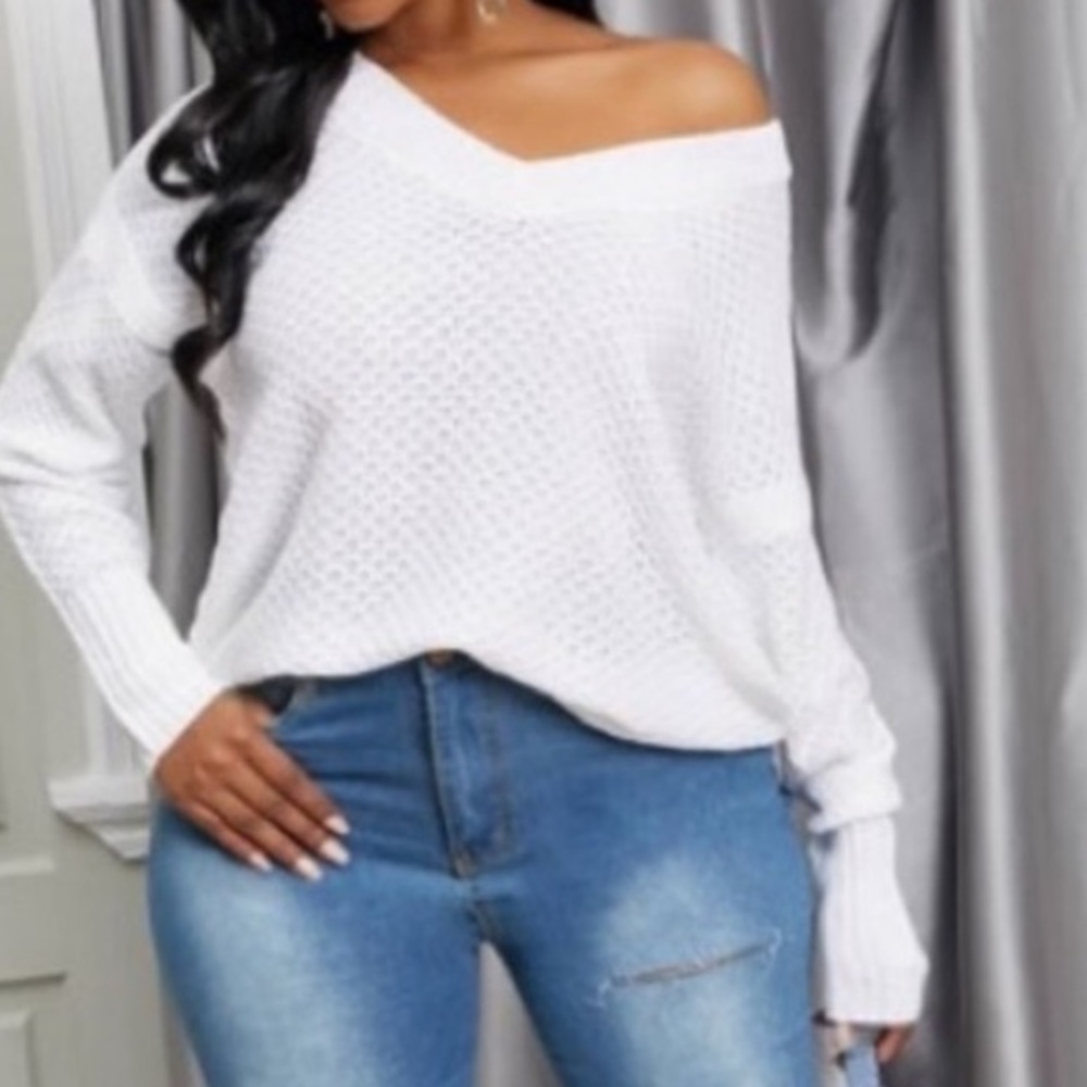 Unique Waffle Pattern Deep V Neck Soft Wool  Long Sleeve White Shirt/Sweater